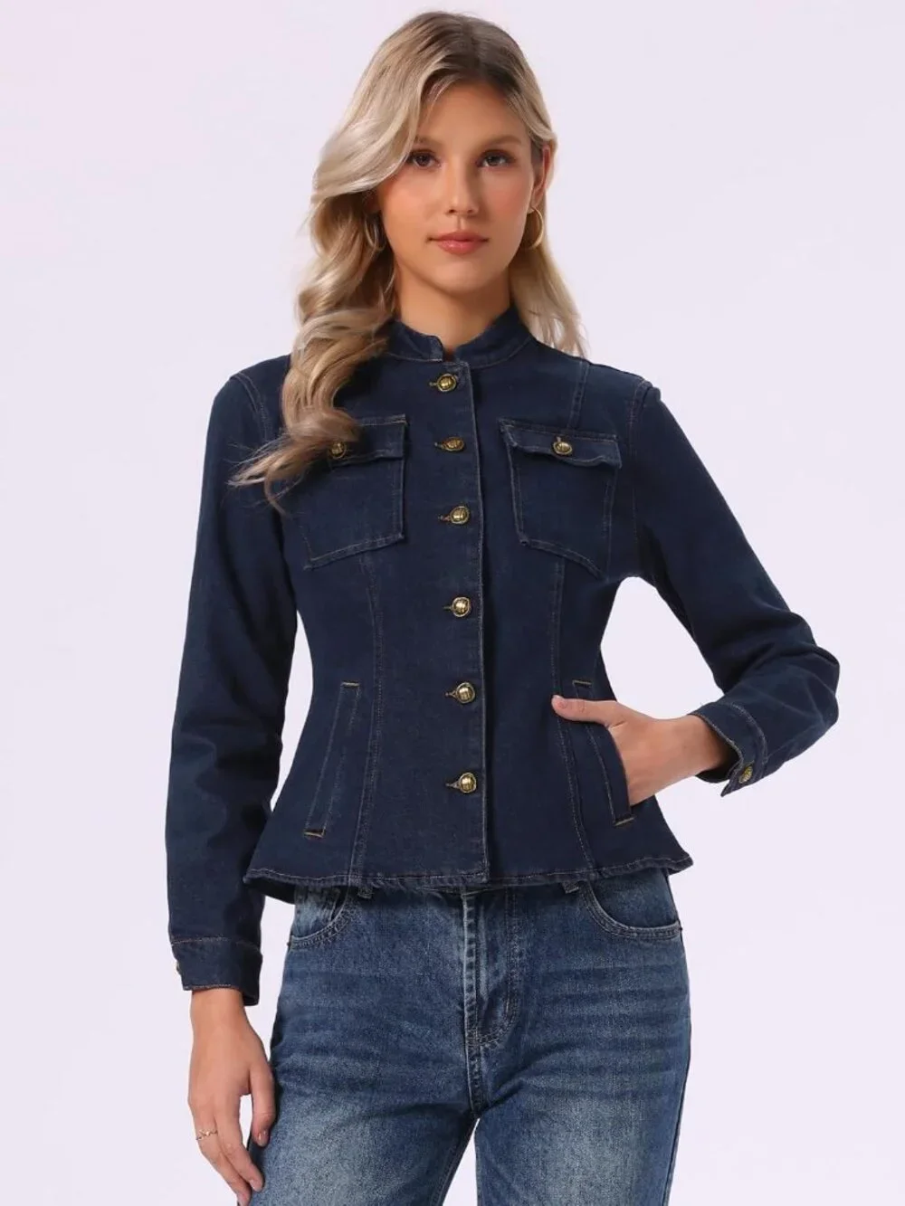 Women's Deep Blue Stand Collar Long Sleeve Denim Jackets Flap Chest Pockets